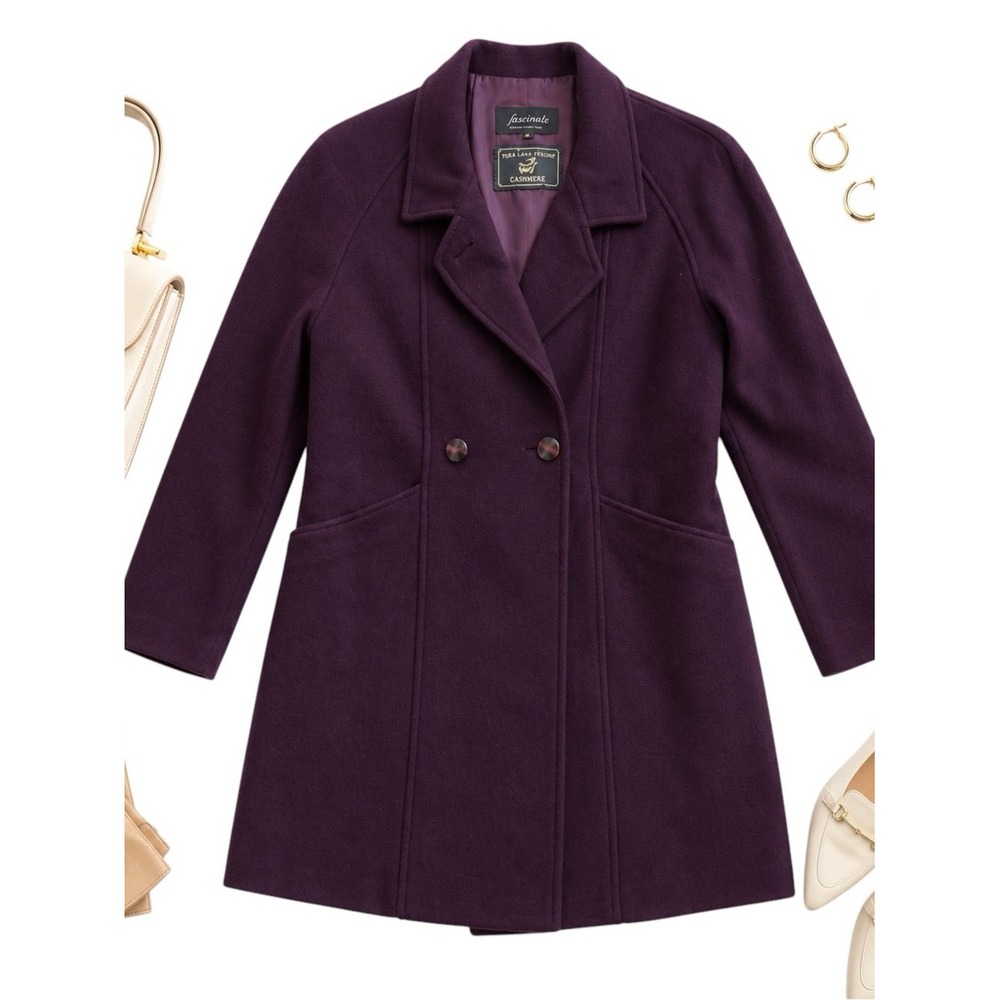 Fascinate Italian Cashmere Wool Coat Plum Double Breasted Women's Medium Luxury